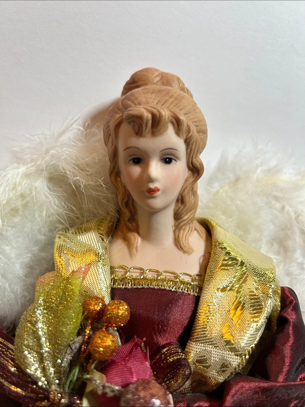 Vintage Porcelain Angel Tree Topper in Burgundy and Gold 17” tall